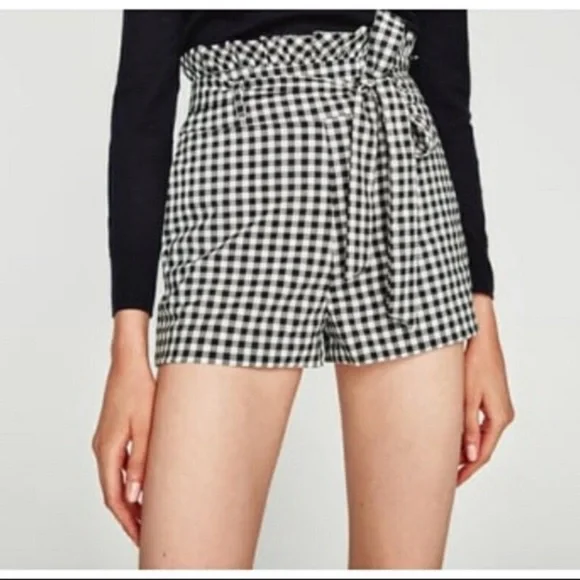 NWOT ZARA High Rise Paperbag Waist Gingham Black & White Plaid Shorts Sz Xs - Picture 5 of 15